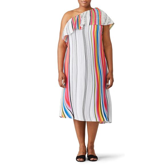 Rachel Rachel Roy Rainbow Stripe Midi Dress One Shoulder White Red Beach 1X - Picture 1 of 8